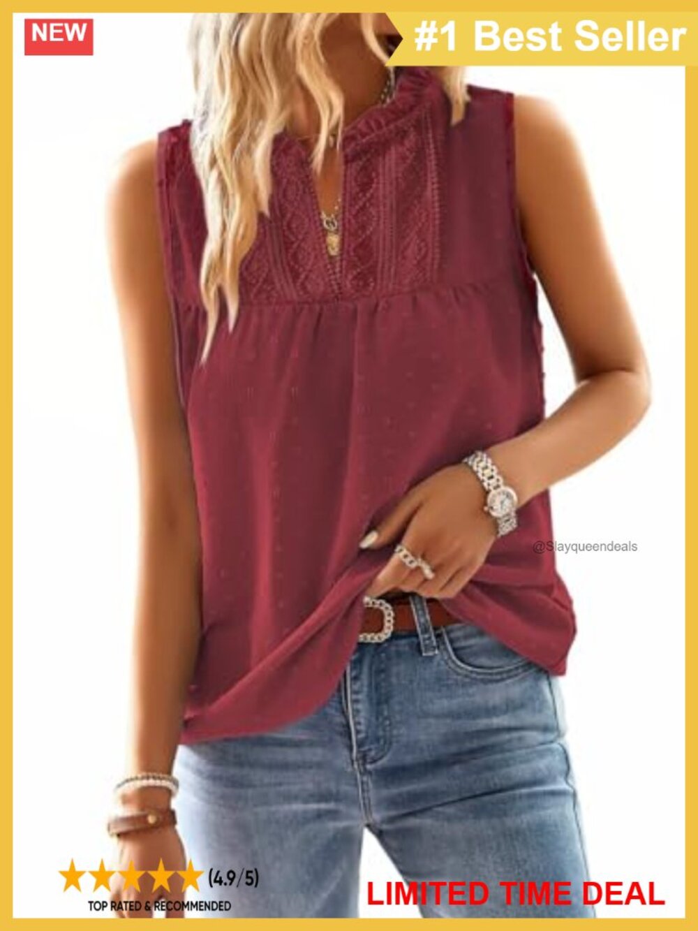 Womens Boho Lace Babydoll Sleeveless V-Neck Tank Top Flowy Summer Blouse